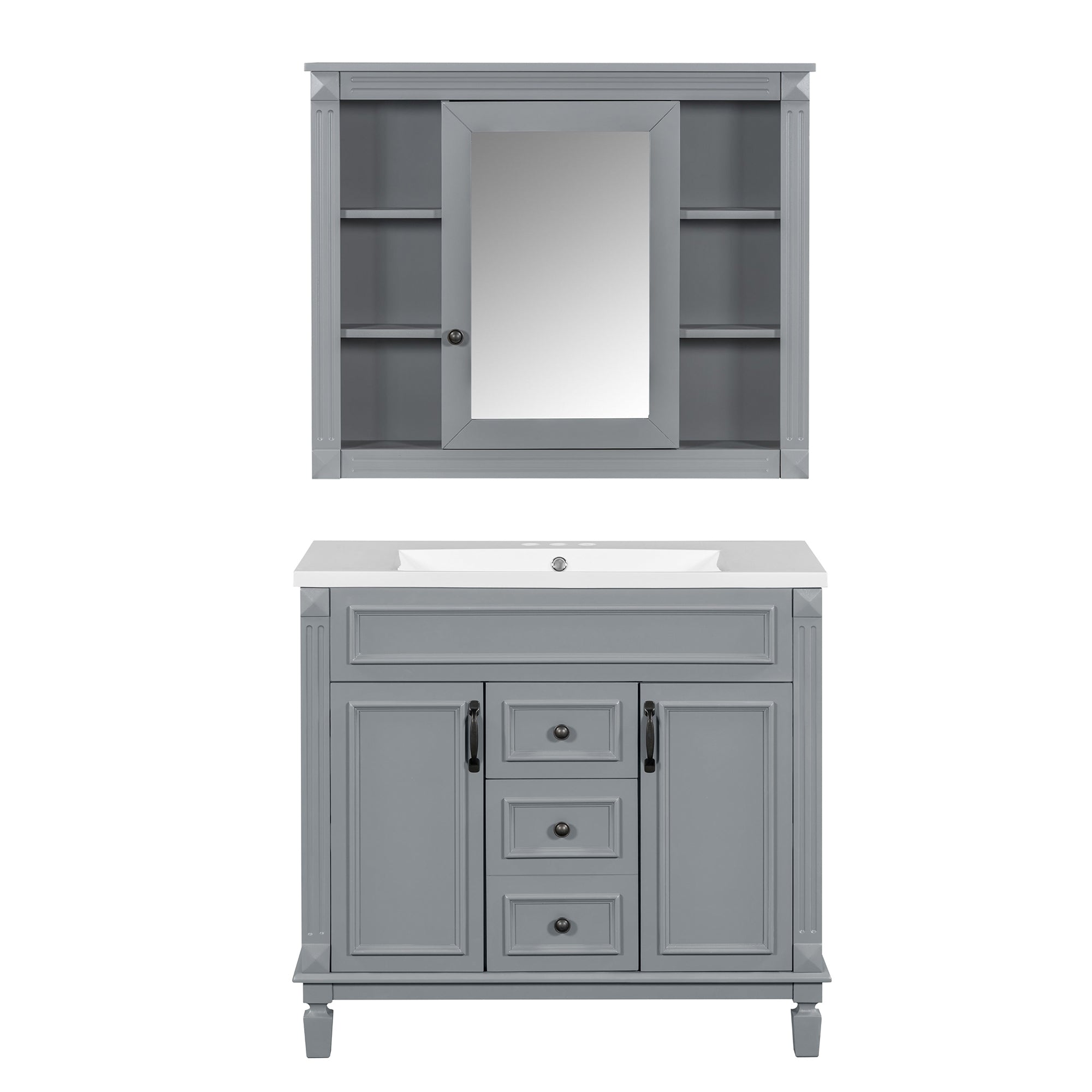 VanityFus 35.1-in Gray Bathroom Vanity Single Sink Combo with Ceramic Top Undermount 3 Soft Close Doors 2 Drawers Adjustable Shelves