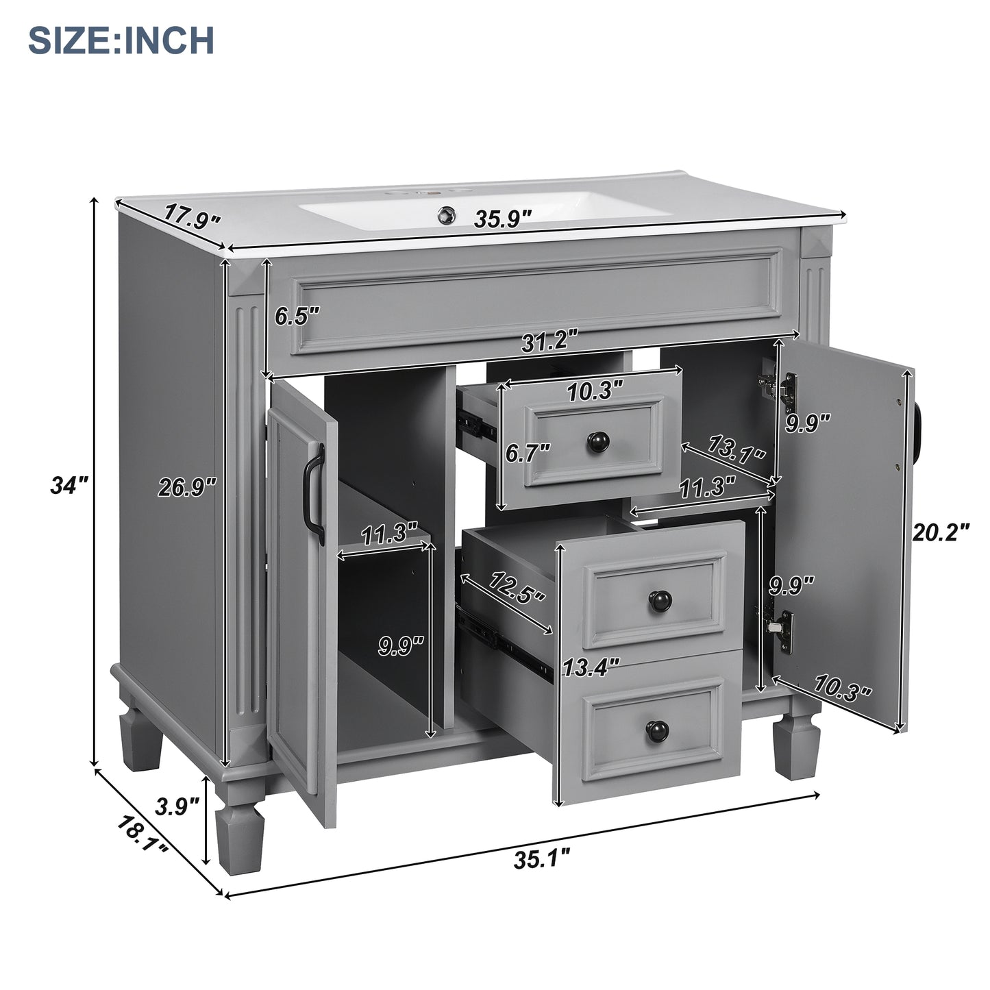 VanityFus 35.1-in Gray Bathroom Vanity Single Sink Combo with Ceramic Top Undermount 3 Soft Close Doors 2 Drawers Adjustable Shelves