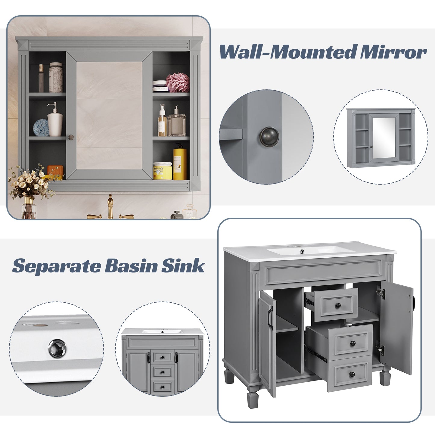 VanityFus 35.1-in Gray Bathroom Vanity Single Sink Combo with Ceramic Top Undermount 3 Soft Close Doors 2 Drawers Adjustable Shelves