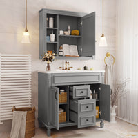 VanityFus 35.1-in Gray Bathroom Vanity Single Sink Combo with Ceramic Top Undermount 3 Soft Close Doors 2 Drawers Adjustable Shelves