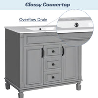 VanityFus 35.1-in Gray Bathroom Vanity Single Sink Combo with Ceramic Top Undermount 3 Soft Close Doors 2 Drawers Adjustable Shelves