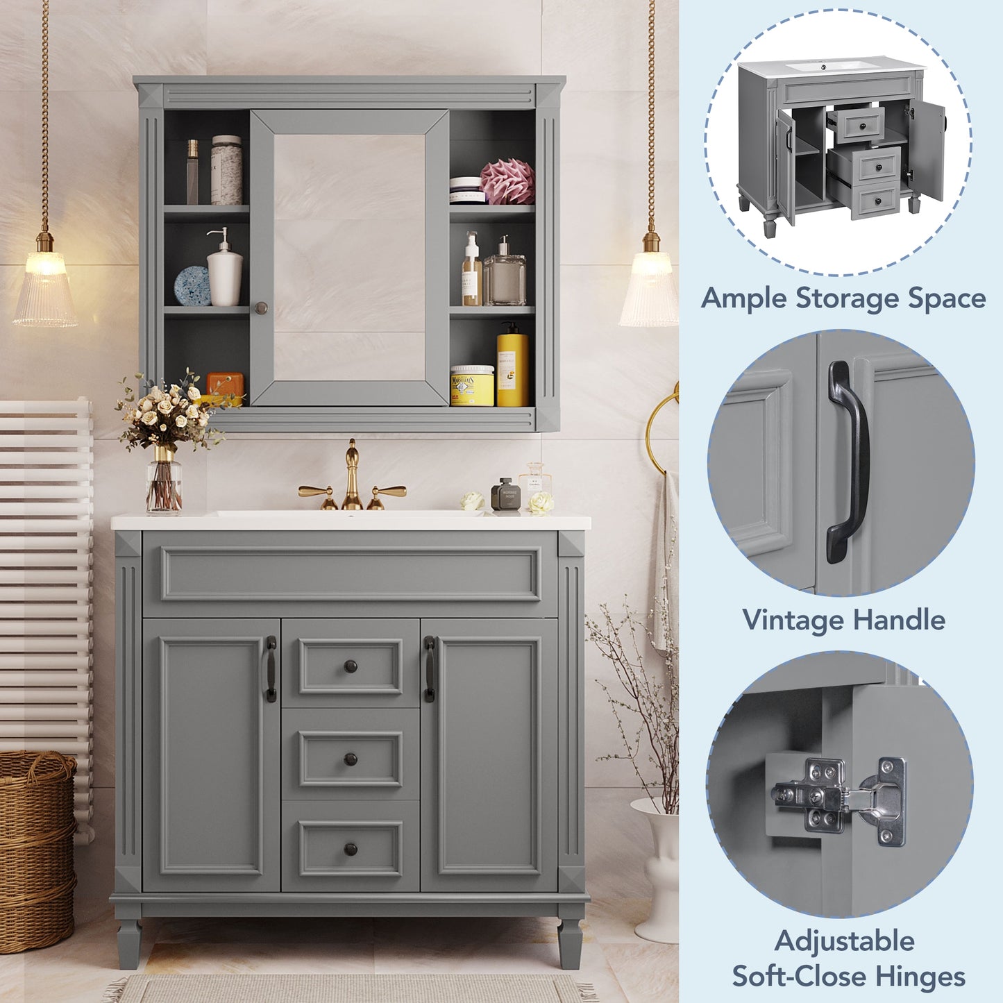 VanityFus 35.1-in Gray Bathroom Vanity Single Sink Combo with Ceramic Top Undermount 3 Soft Close Doors 2 Drawers Adjustable Shelves