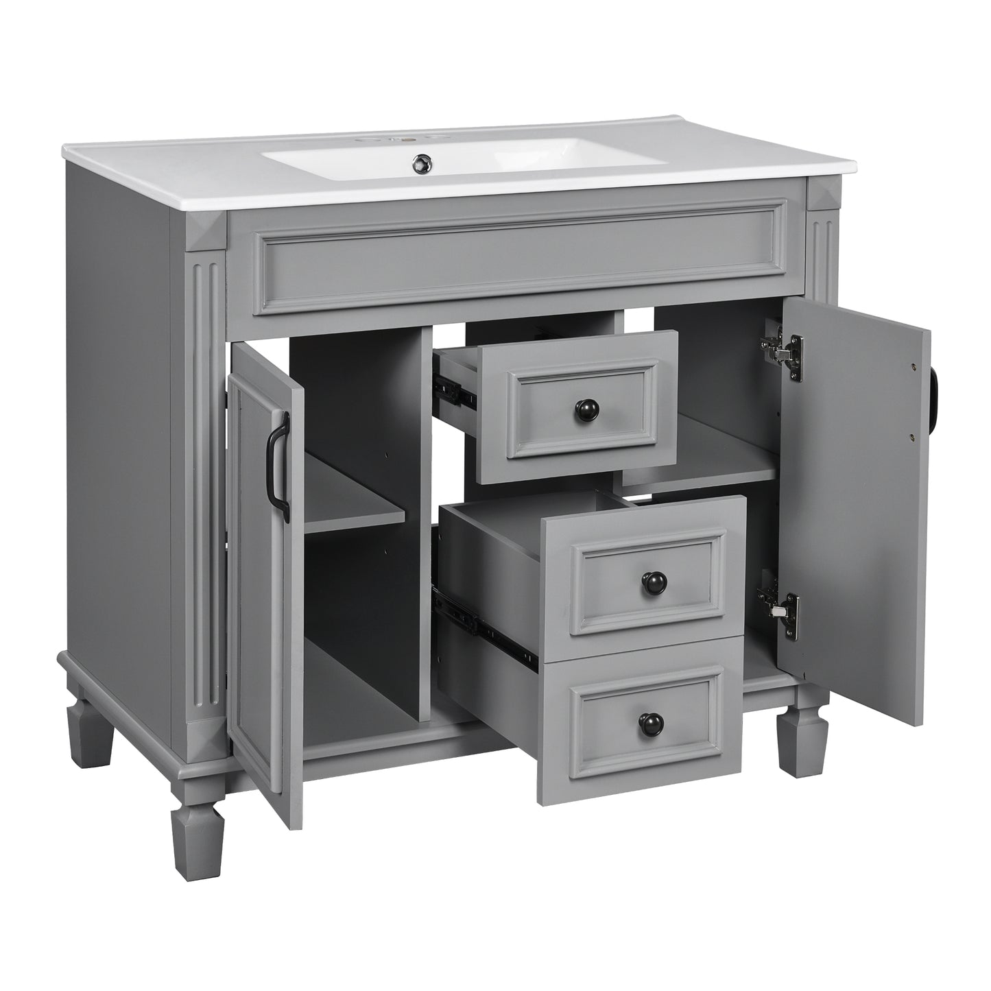 VanityFus 35.1-in Gray Bathroom Vanity Single Sink Combo with Ceramic Top Undermount 3 Soft Close Doors 2 Drawers Adjustable Shelves