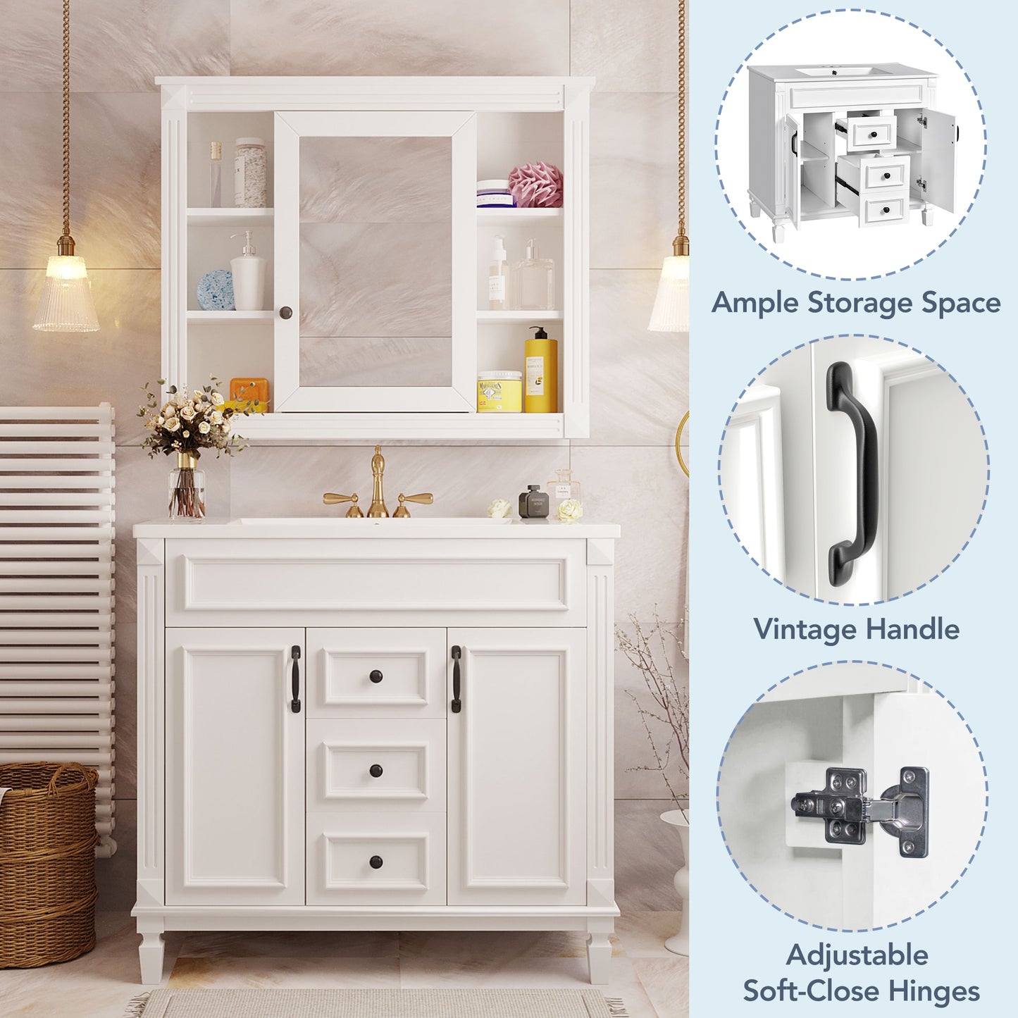 VanityFus 35.1-in White Bathroom Vanity Single Sink Combo with Ceramic Top Undermount 3 Soft Close Doors 2 Drawers Adjustable Shelves
