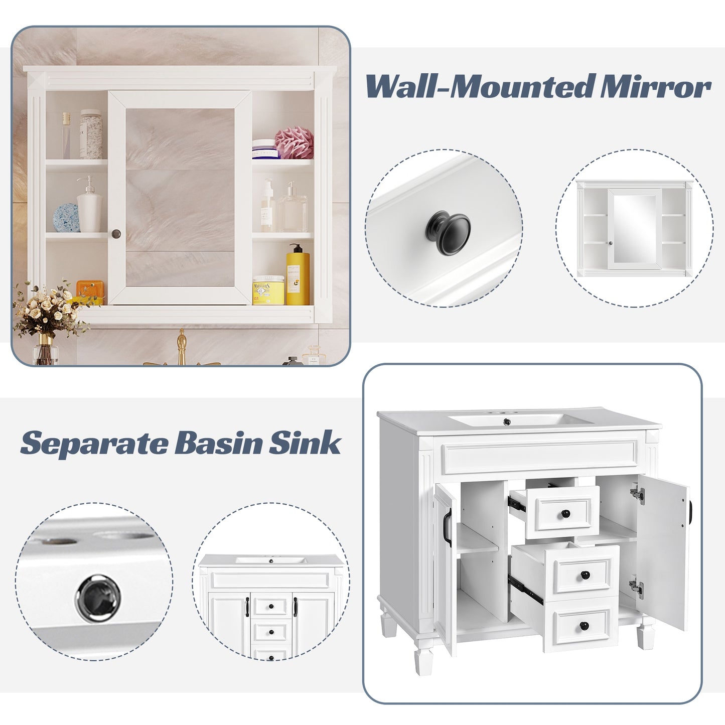 VanityFus 35.1-in White Bathroom Vanity Single Sink Combo with Ceramic Top Undermount 3 Soft Close Doors 2 Drawers Adjustable Shelves