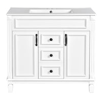 VanityFus 35.1-in White Bathroom Vanity Single Sink Combo with Ceramic Top Undermount 3 Soft Close Doors 2 Drawers Adjustable Shelves
