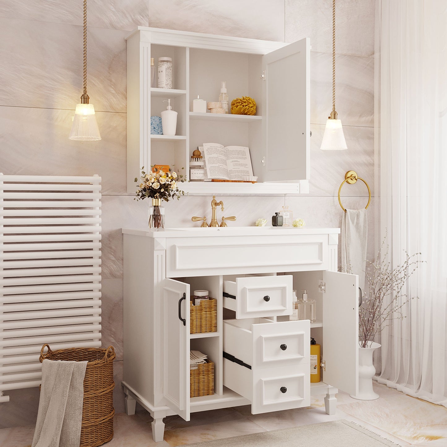 VanityFus 35.1-in White Bathroom Vanity Single Sink Combo with Ceramic Top Undermount 3 Soft Close Doors 2 Drawers Adjustable Shelves
