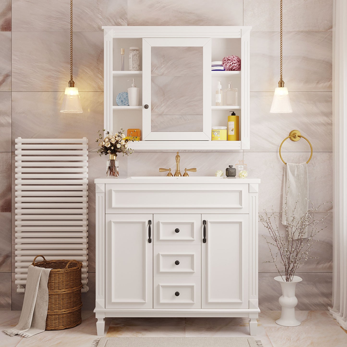 VanityFus 35.1-in White Bathroom Vanity Single Sink Combo with Ceramic Top Undermount 3 Soft Close Doors 2 Drawers Adjustable Shelves
