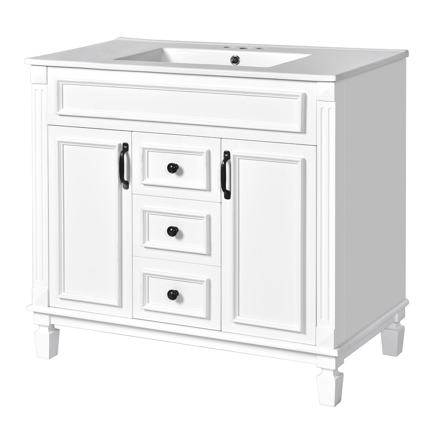VanityFus 35.1-in White Bathroom Vanity Single Sink Combo with Ceramic Top Undermount 3 Soft Close Doors 2 Drawers Adjustable Shelves