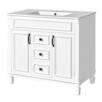 VanityFus 35.1-in White Bathroom Vanity Single Sink Combo with Ceramic Top Undermount 3 Soft Close Doors 2 Drawers Adjustable Shelves