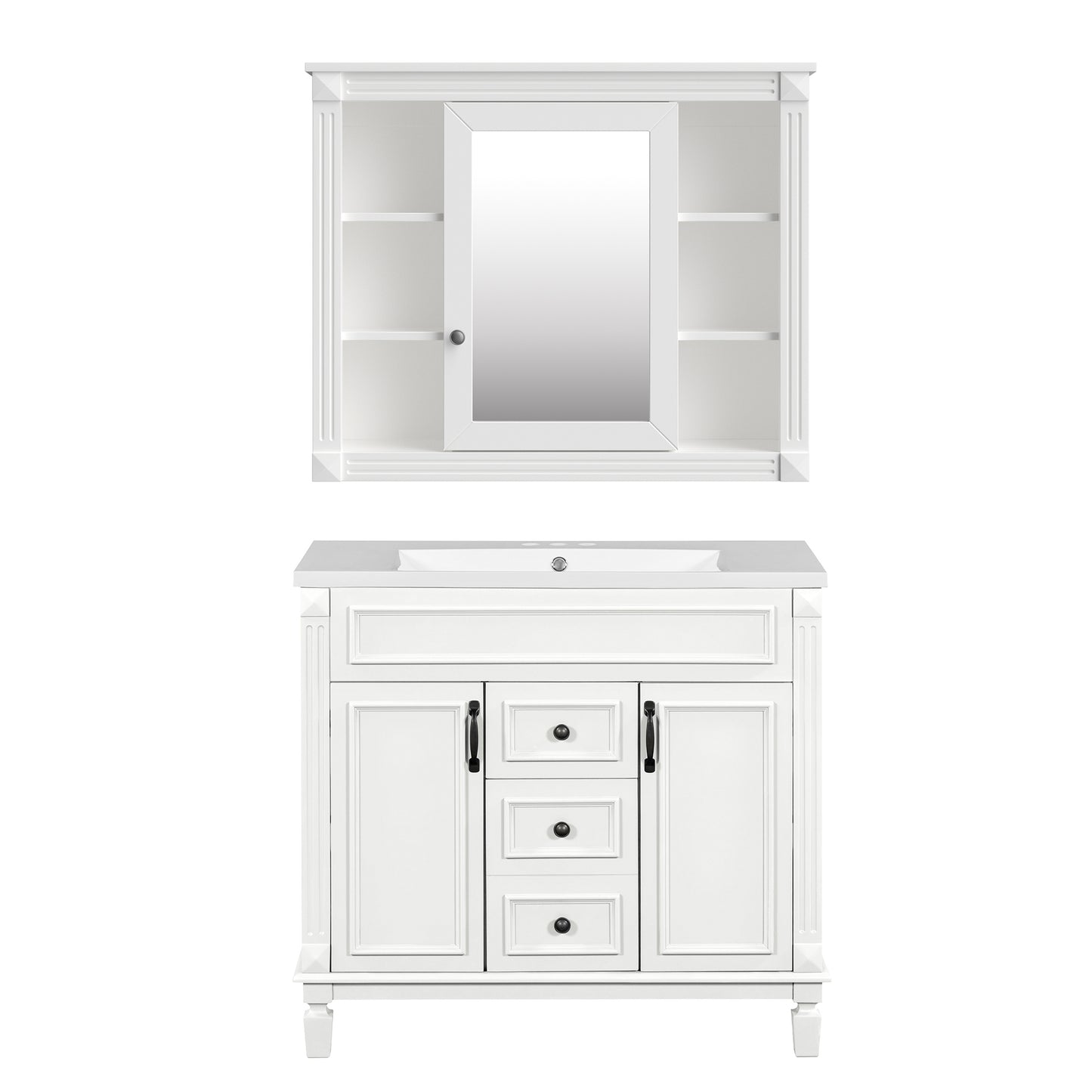 VanityFus 35.1-in White Bathroom Vanity Single Sink Combo with Ceramic Top Undermount 3 Soft Close Doors 2 Drawers Adjustable Shelves