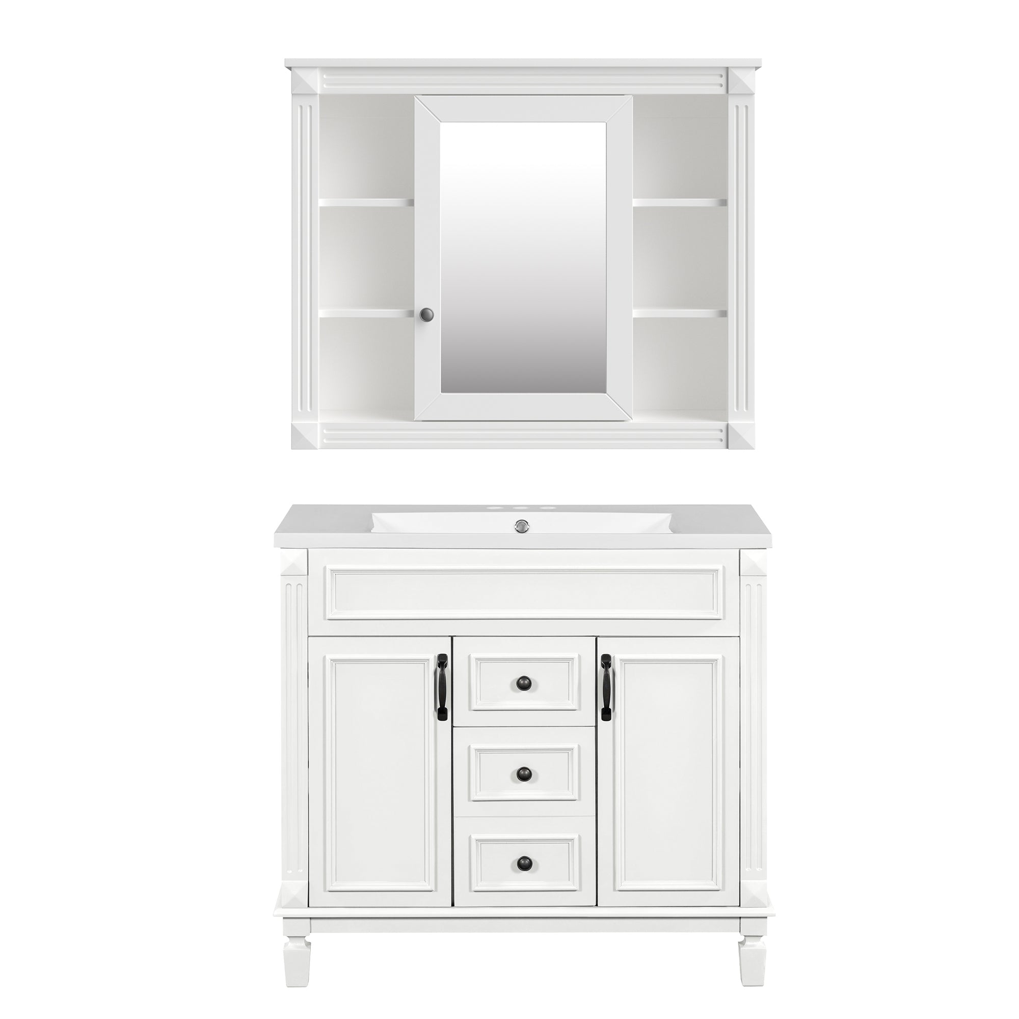 VanityFus 35.1-in White Bathroom Vanity Single Sink Combo with Ceramic Top Undermount 3 Soft Close Doors 2 Drawers Adjustable Shelves