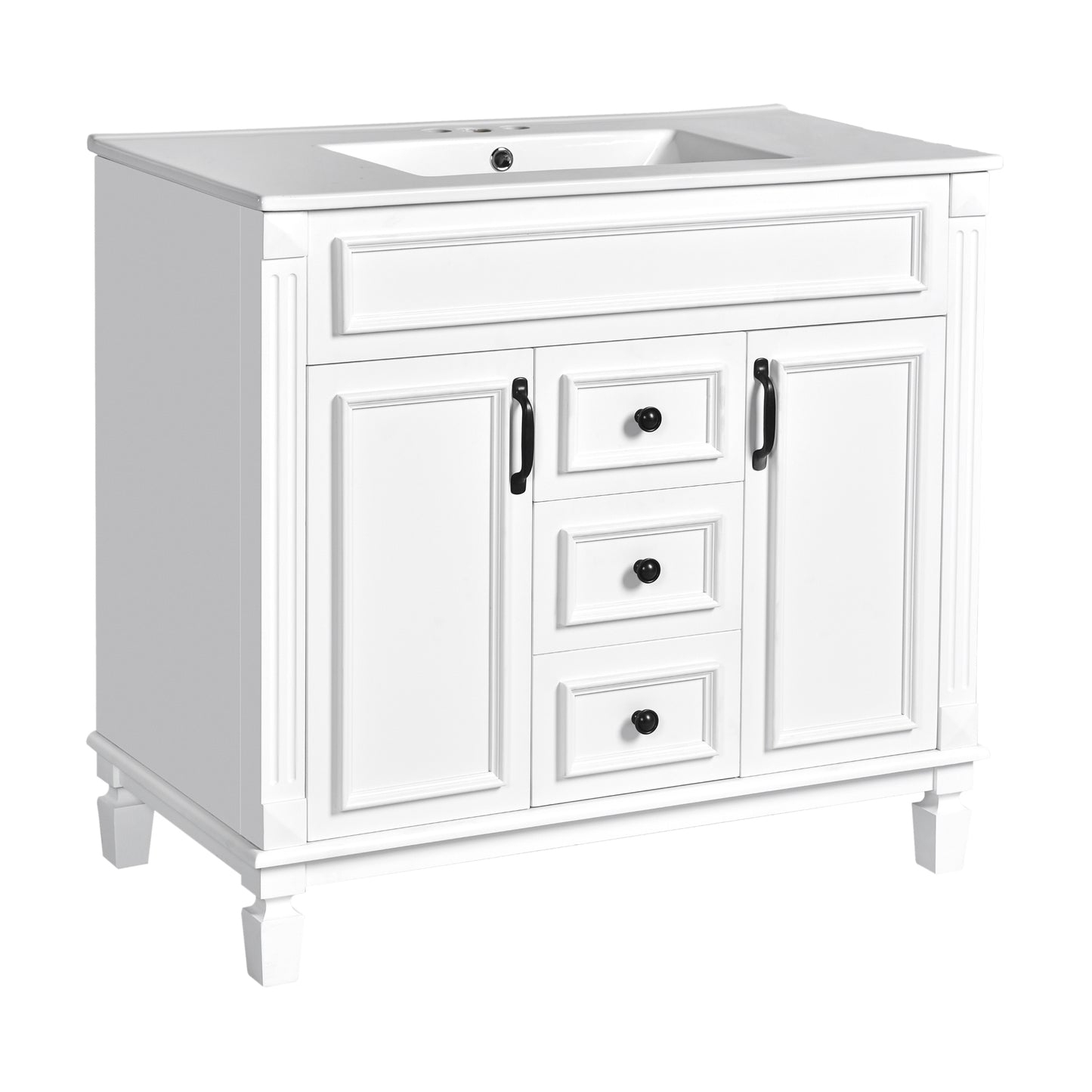 VanityFus 35.1-in White Bathroom Vanity Single Sink Combo with Ceramic Top Undermount 3 Soft Close Doors 2 Drawers Adjustable Shelves
