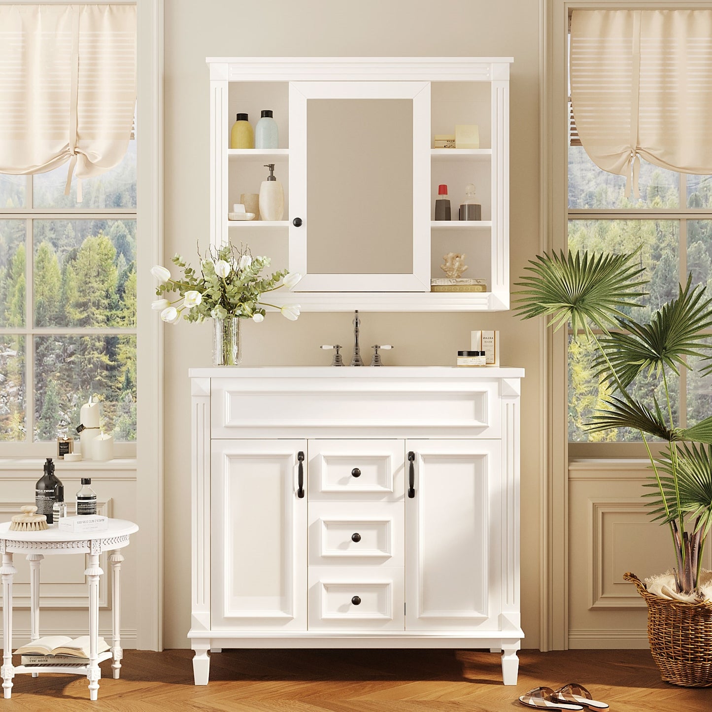 VanityFus 35.1-in White Bathroom Vanity Single Sink Combo with Ceramic Top Undermount 3 Soft Close Doors 2 Drawers Adjustable Shelves