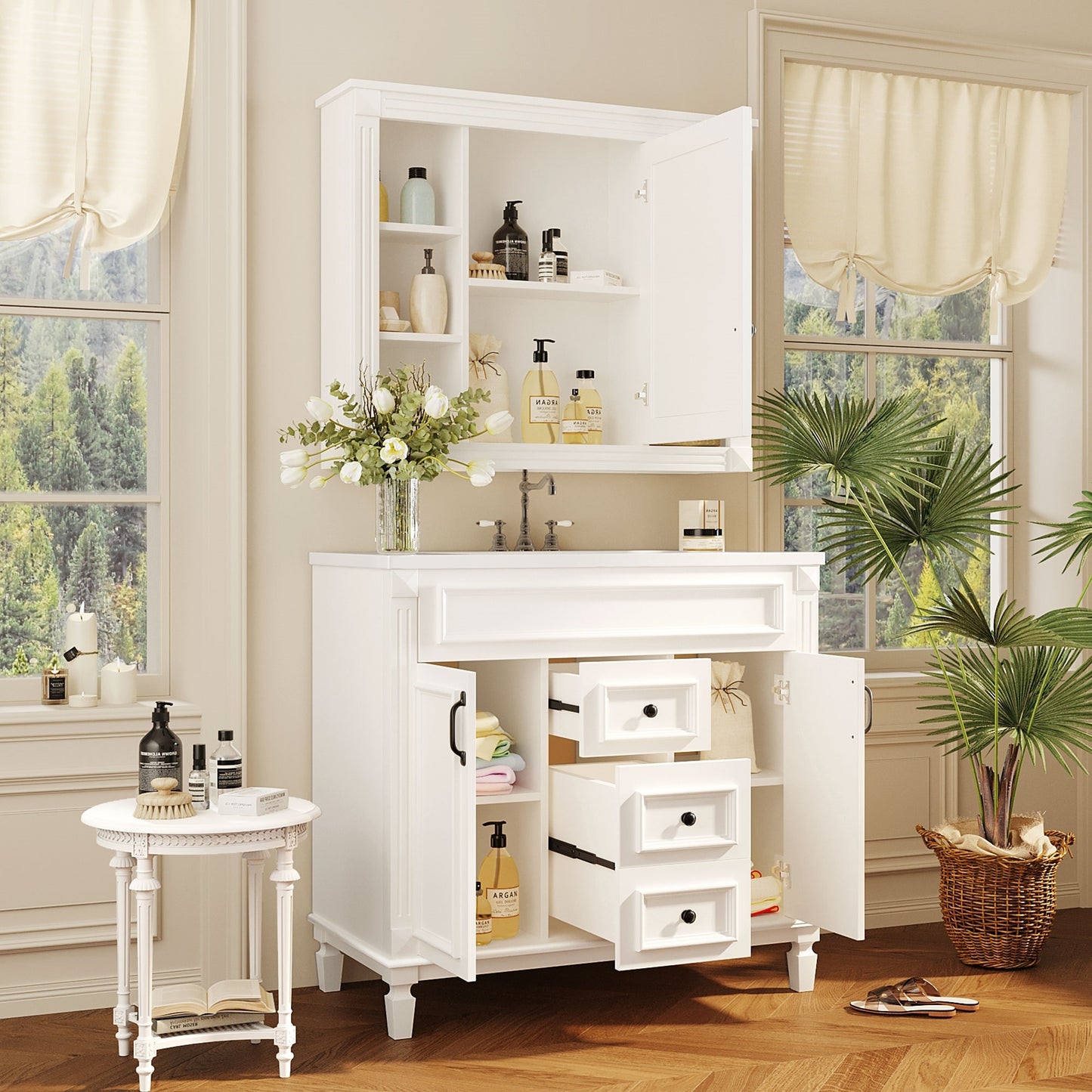 VanityFus 35.1-in White Bathroom Vanity Single Sink Combo with Ceramic Top Undermount 3 Soft Close Doors 2 Drawers Adjustable Shelves