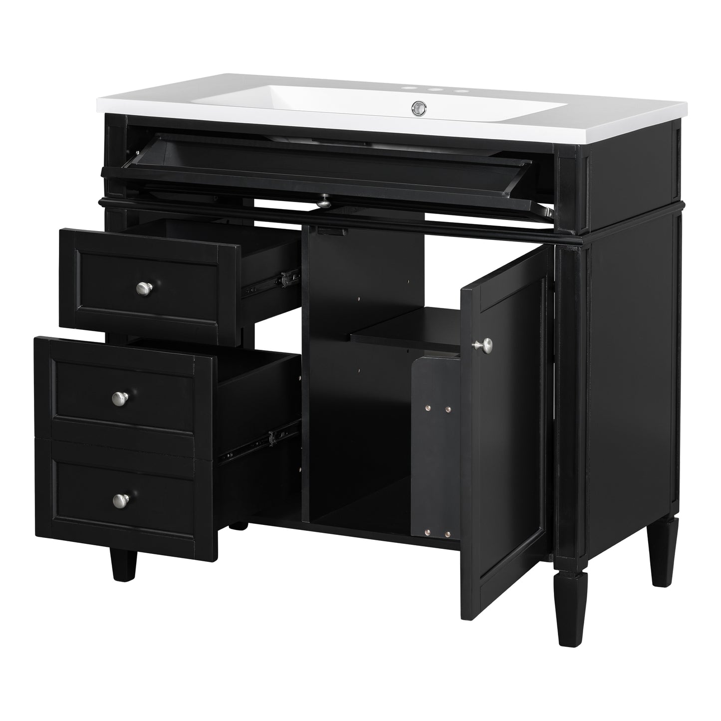 VanityFus 36-in Black Bathroom Vanity Undermount Single Sink Combo Resin Top with 1 Soft Close Door 3 Drawers Adjustable Shelves