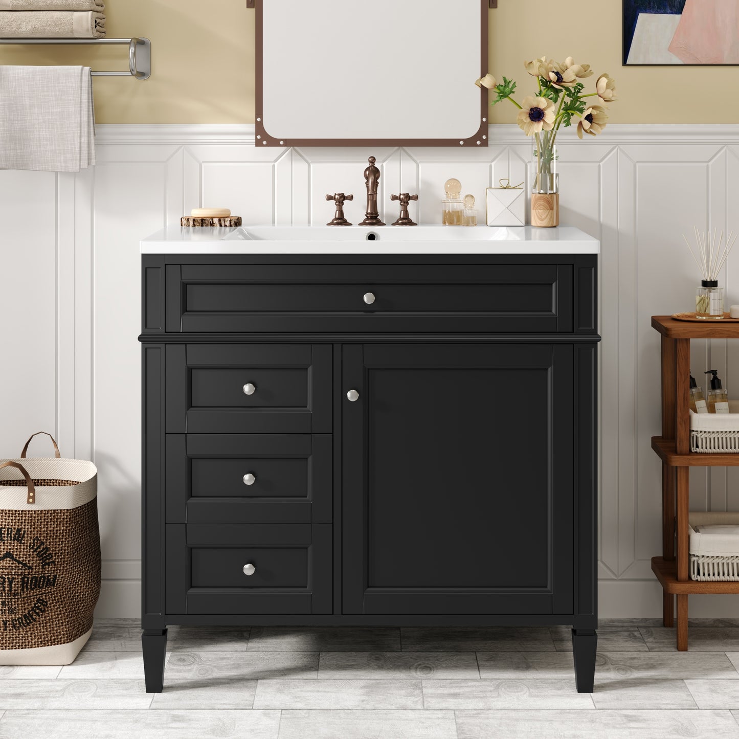 VanityFus 36-in Black Bathroom Vanity Undermount Single Sink Combo Resin Top with 1 Soft Close Door 3 Drawers Adjustable Shelves