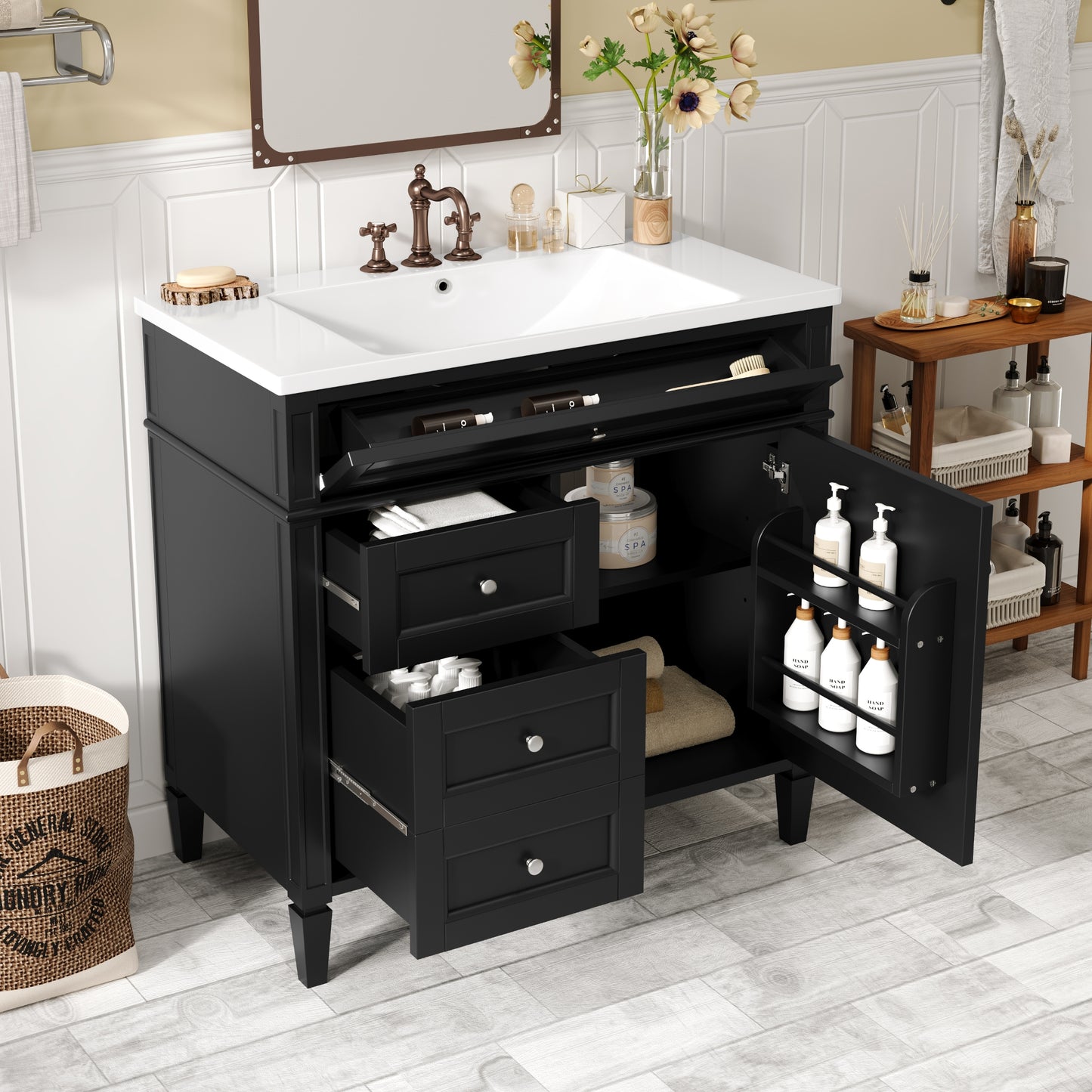 VanityFus 36-in Black Bathroom Vanity Undermount Single Sink Combo Resin Top with 1 Soft Close Door 3 Drawers Adjustable Shelves