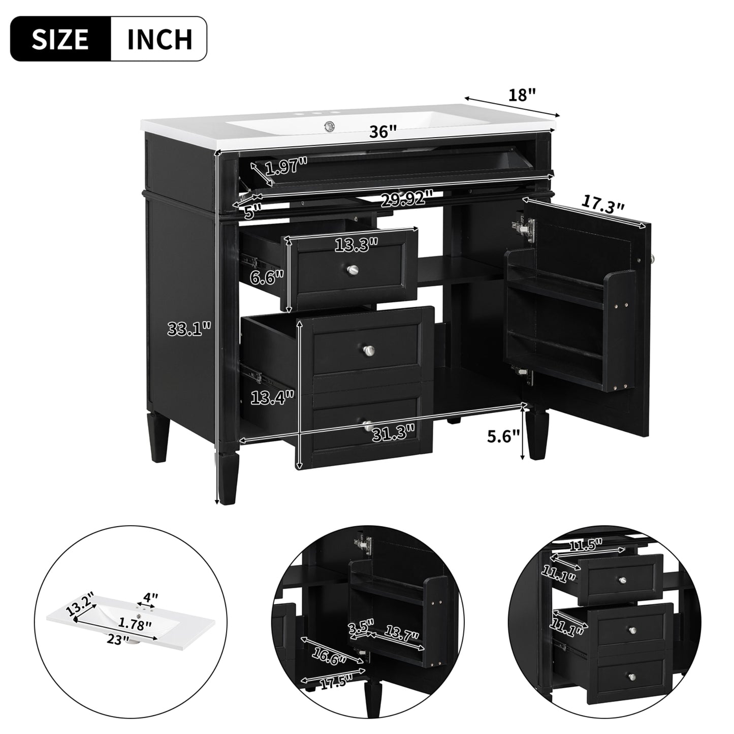 VanityFus 36-in Black Bathroom Vanity Undermount Single Sink Combo Resin Top with 1 Soft Close Door 3 Drawers Adjustable Shelves