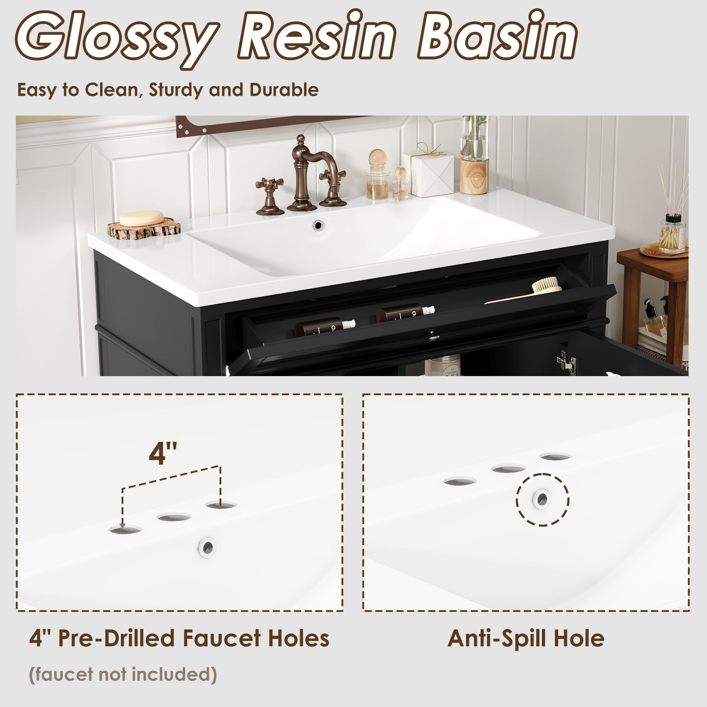 VanityFus 36-in Black Bathroom Vanity Undermount Single Sink Combo Resin Top with 1 Soft Close Door 3 Drawers Adjustable Shelves