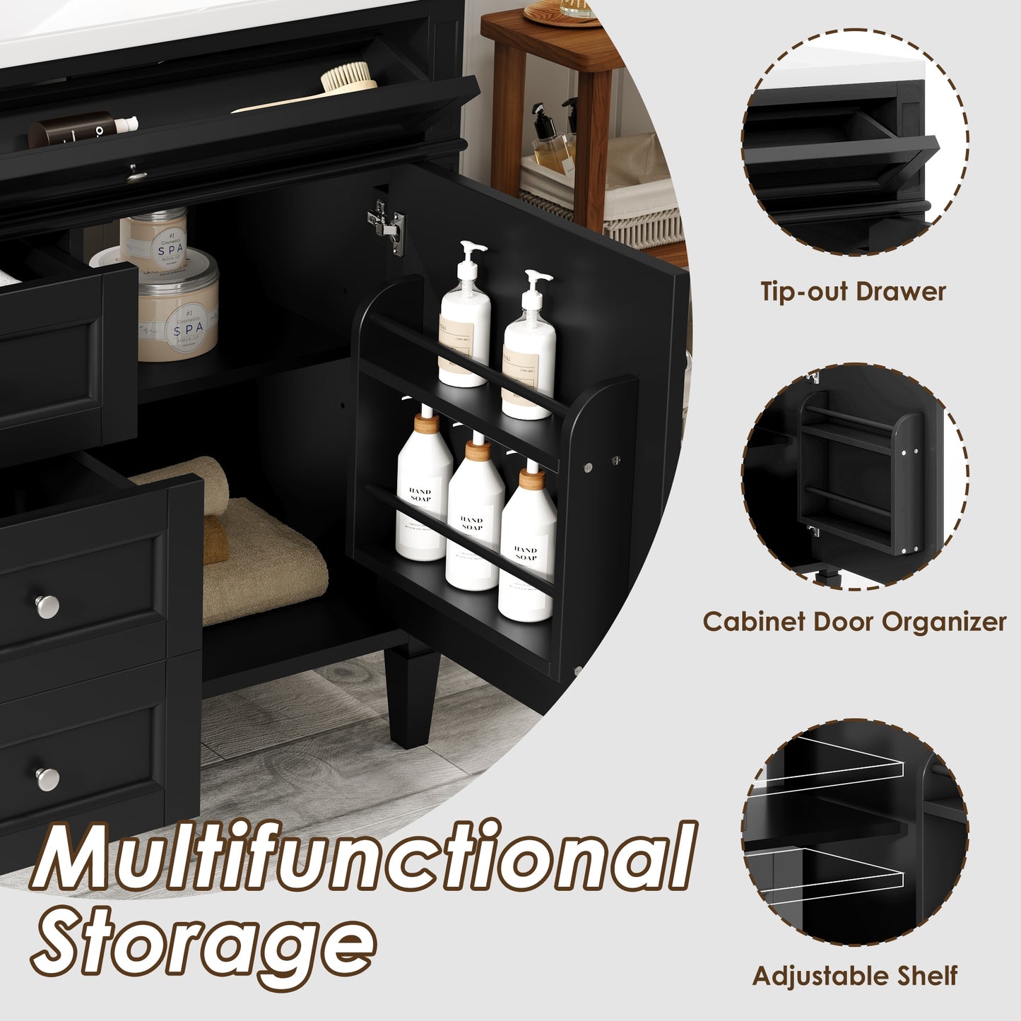 VanityFus 36-in Black Bathroom Vanity Undermount Single Sink Combo Resin Top with 1 Soft Close Door 3 Drawers Adjustable Shelves