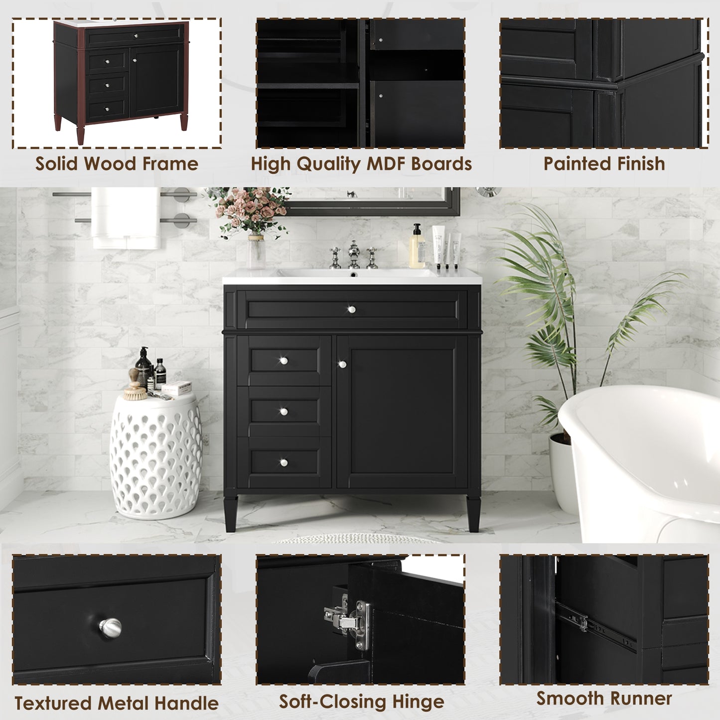 VanityFus 36-in Black Bathroom Vanity Undermount Single Sink Combo Resin Top with 1 Soft Close Door 3 Drawers Adjustable Shelves