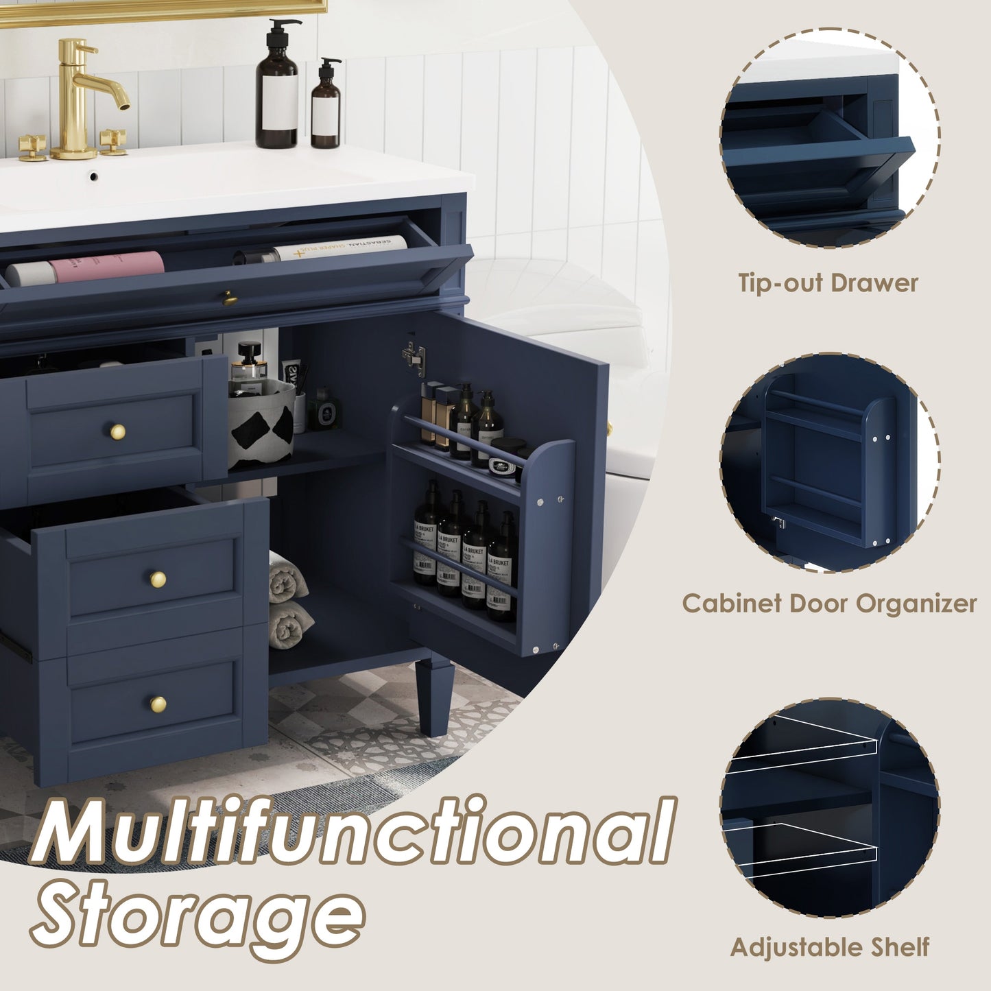 VanityFus 36-in Blue Bathroom Vanity Undermount Single Sink Combo Resin Top with 1 Soft Close Door 3 Drawers Adjustable Shelves