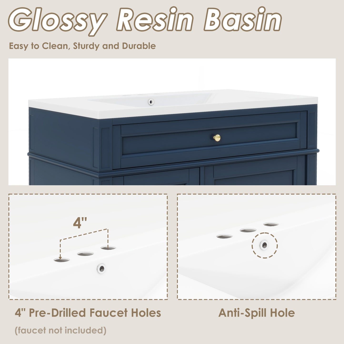 VanityFus 36-in Blue Bathroom Vanity Undermount Single Sink Combo Resin Top with 1 Soft Close Door 3 Drawers Adjustable Shelves