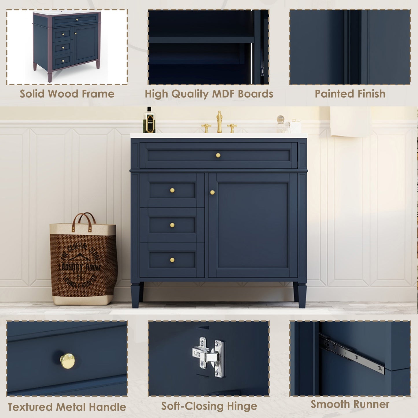 VanityFus 36-in Blue Bathroom Vanity Undermount Single Sink Combo Resin Top with 1 Soft Close Door 3 Drawers Adjustable Shelves