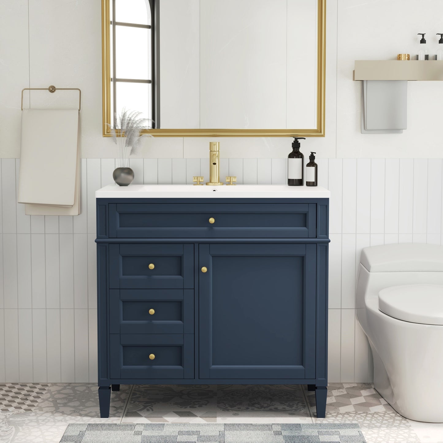 VanityFus 36-in Blue Bathroom Vanity Undermount Single Sink Combo Resin Top with 1 Soft Close Door 3 Drawers Adjustable Shelves