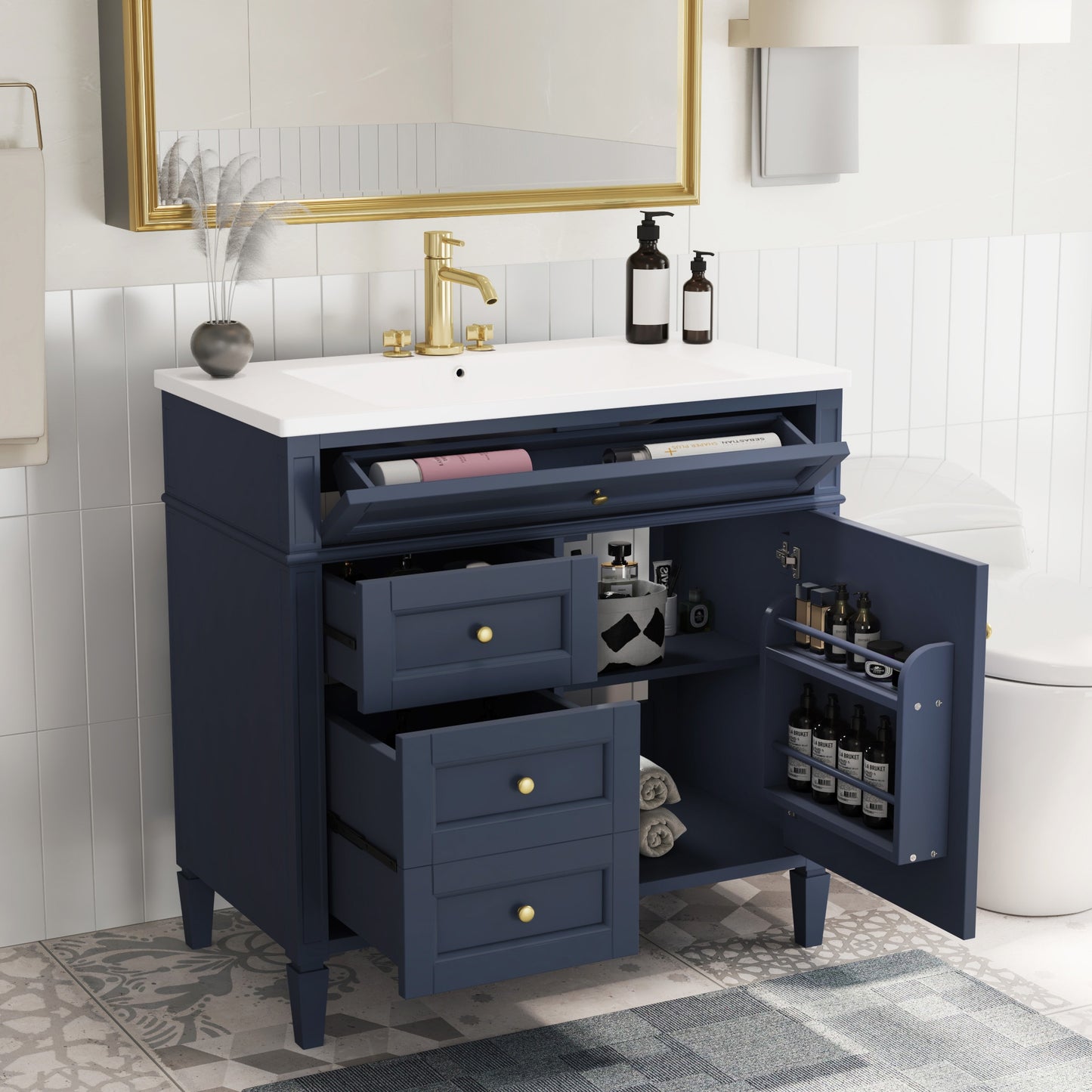 VanityFus 36-in Blue Bathroom Vanity Undermount Single Sink Combo Resin Top with 1 Soft Close Door 3 Drawers Adjustable Shelves