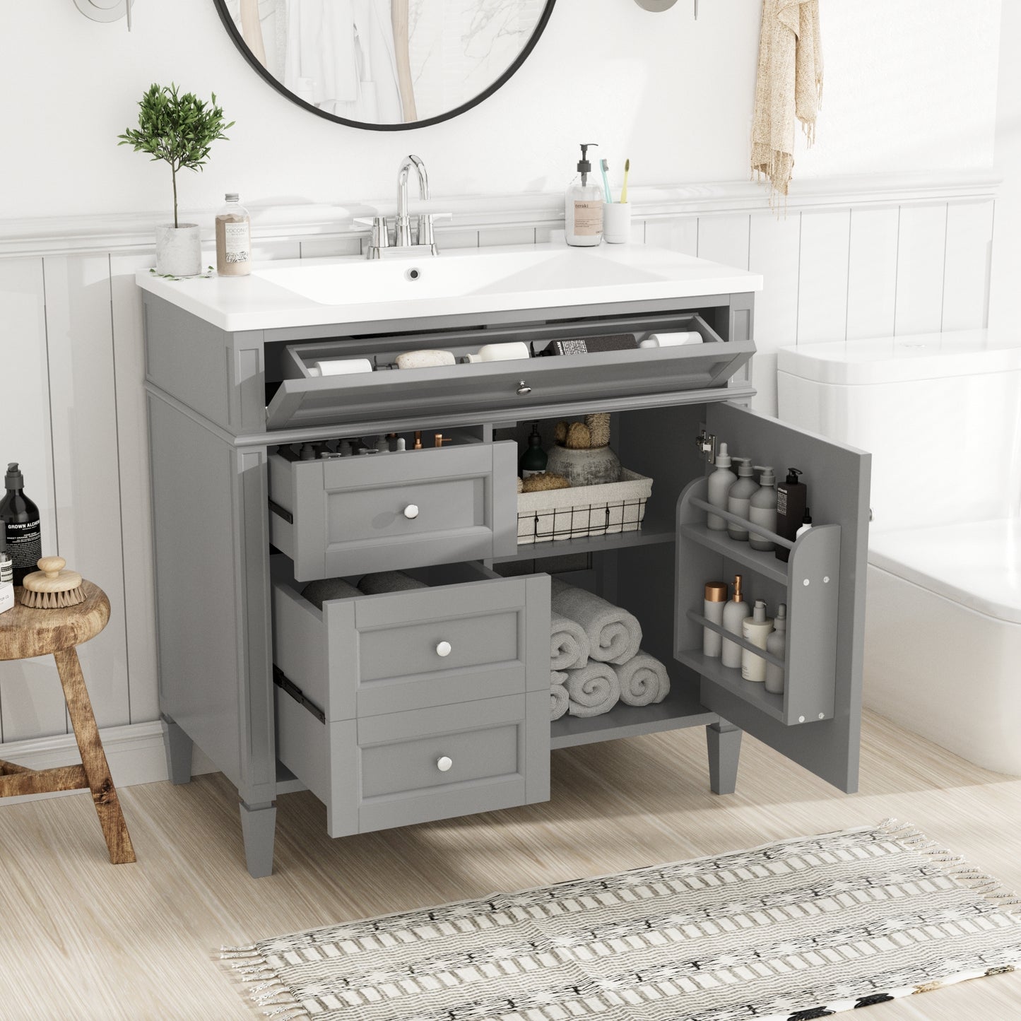 VanityFus 36-in Grey Bathroom Vanity Undermount Single Sink Combo Resin Top with 1 Soft Close Door 3 Drawers Adjustable Shelves