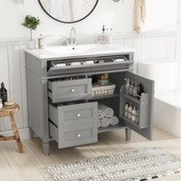 VanityFus 36-in Grey Bathroom Vanity Undermount Single Sink Combo Resin Top with 1 Soft Close Door 3 Drawers Adjustable Shelves