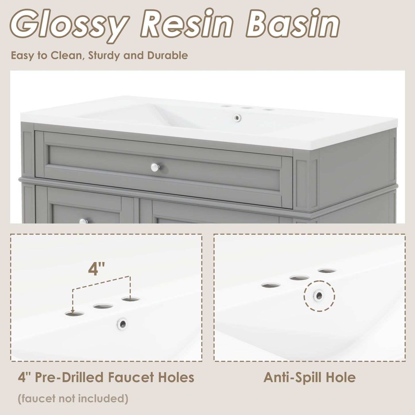 VanityFus 36-in Grey Bathroom Vanity Undermount Single Sink Combo Resin Top with 1 Soft Close Door 3 Drawers Adjustable Shelves