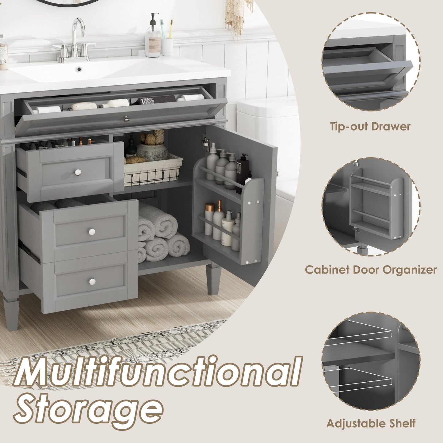 VanityFus 36-in Grey Bathroom Vanity Undermount Single Sink Combo Resin Top with 1 Soft Close Door 3 Drawers Adjustable Shelves