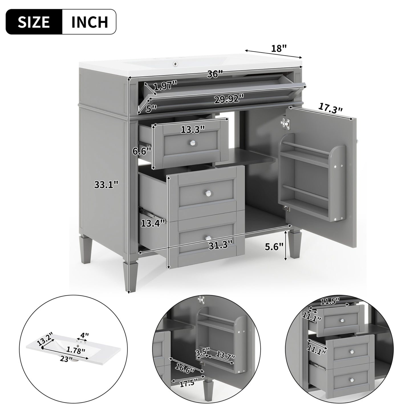 VanityFus 36-in Grey Bathroom Vanity Undermount Single Sink Combo Resin Top with 1 Soft Close Door 3 Drawers Adjustable Shelves