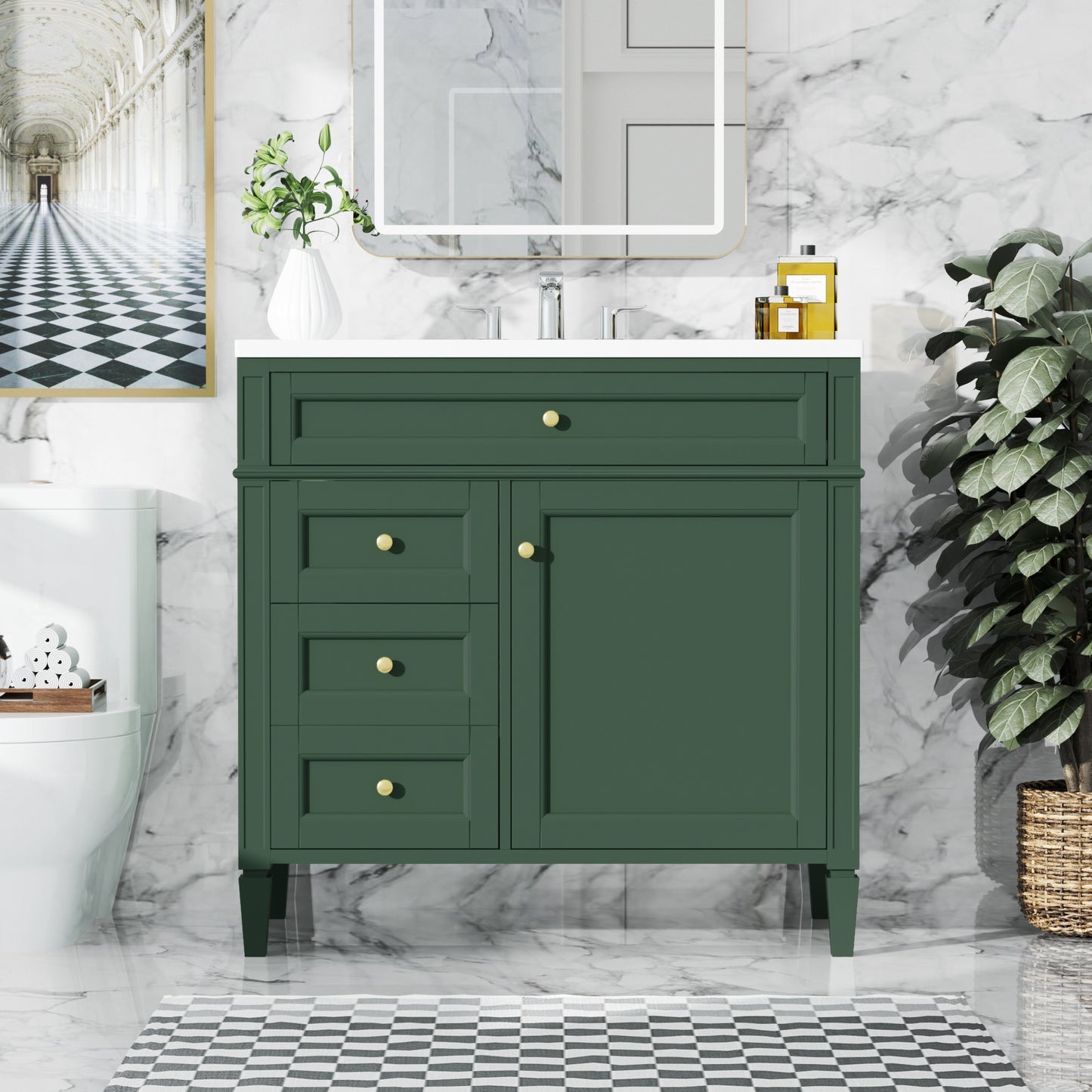 VanityFus 36-in Green Bathroom Vanity Undermount Single Sink Combo Resin Top with 1 Soft Close Door 3 Drawers Adjustable Shelves