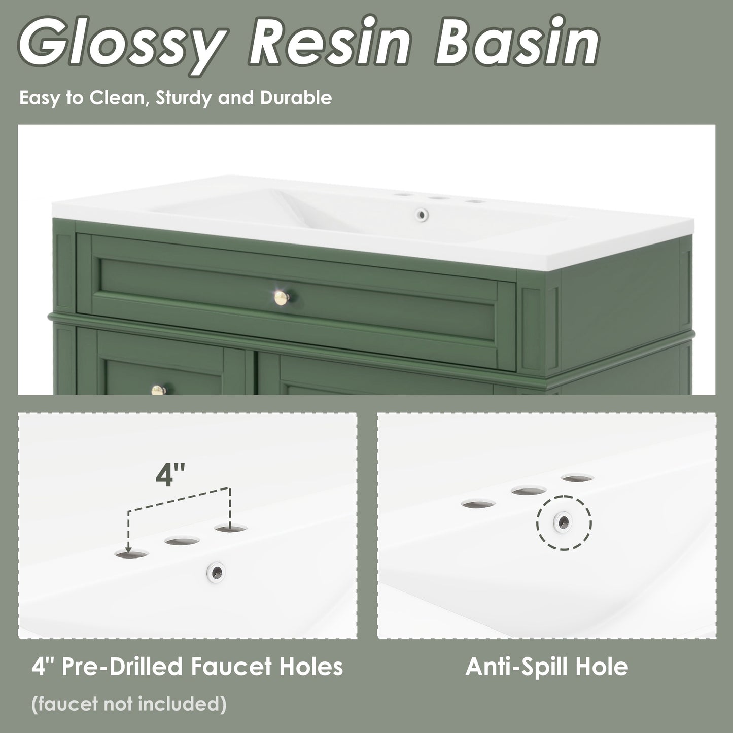 VanityFus 36-in Green Bathroom Vanity Undermount Single Sink Combo Resin Top with 1 Soft Close Door 3 Drawers Adjustable Shelves