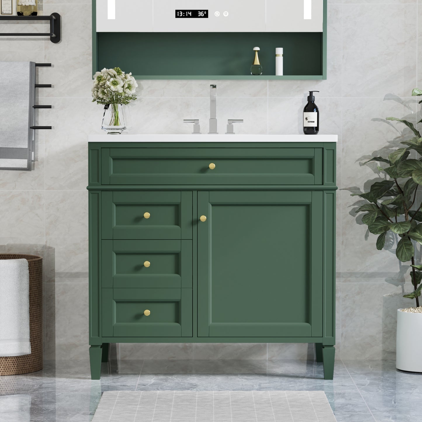 VanityFus 36-in Green Bathroom Vanity Undermount Single Sink Combo Resin Top with 1 Soft Close Door 3 Drawers Adjustable Shelves
