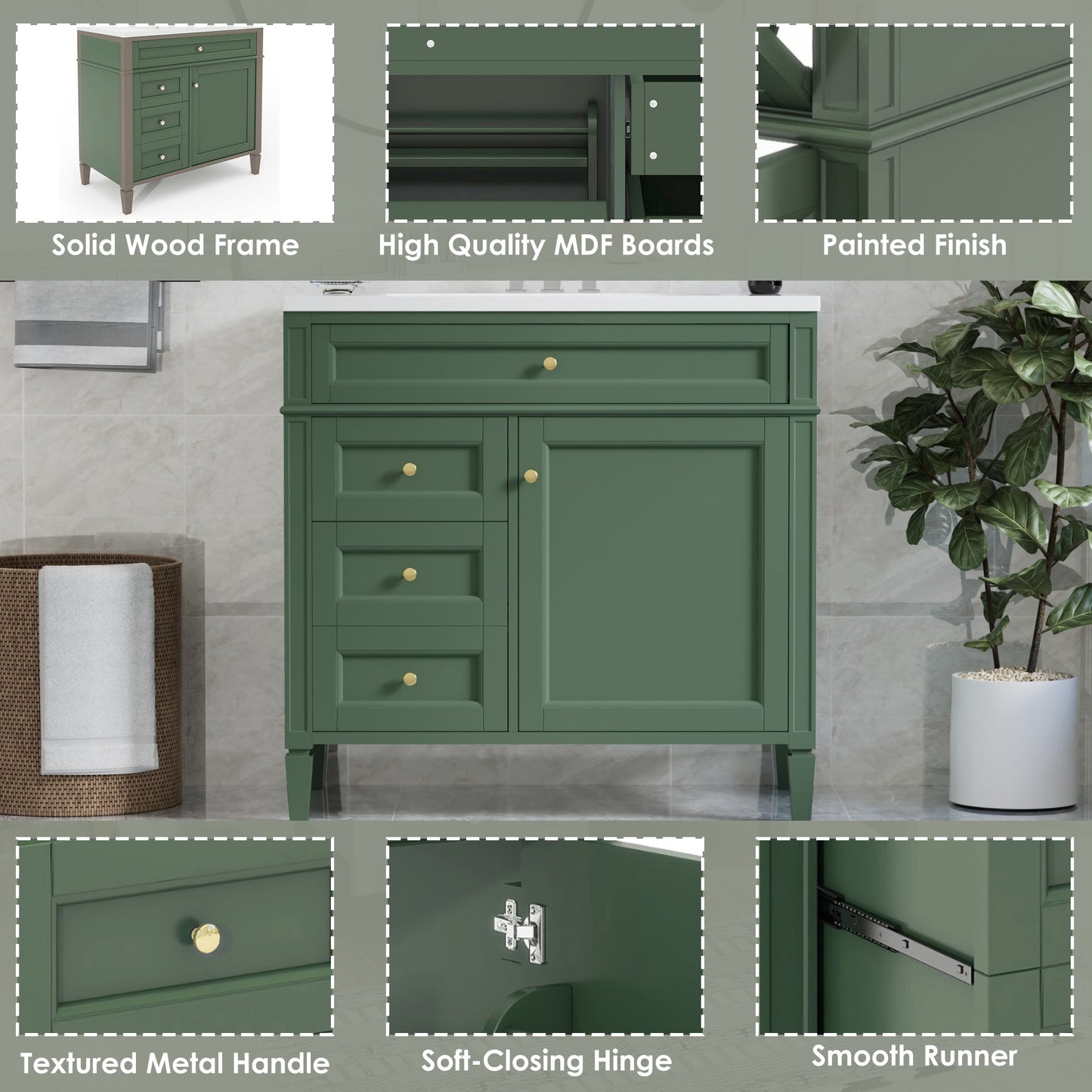 VanityFus 36-in Green Bathroom Vanity Undermount Single Sink Combo Resin Top with 1 Soft Close Door 3 Drawers Adjustable Shelves