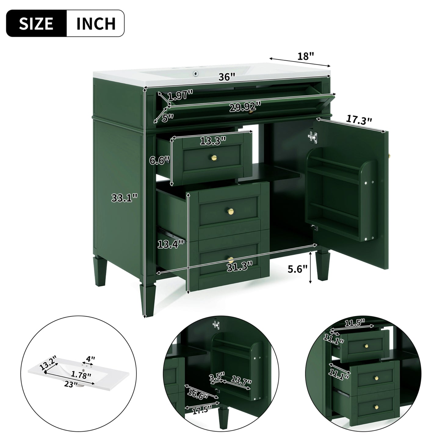 VanityFus 36-in Green Bathroom Vanity Undermount Single Sink Combo Resin Top with 1 Soft Close Door 3 Drawers Adjustable Shelves