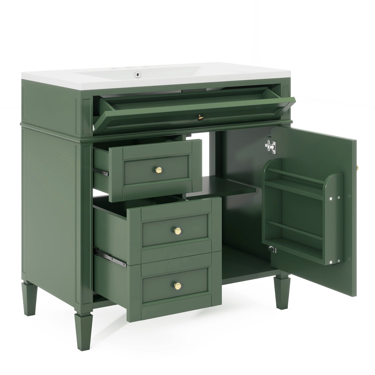VanityFus 36-in Green Bathroom Vanity Undermount Single Sink Combo Resin Top with 1 Soft Close Door 3 Drawers Adjustable Shelves