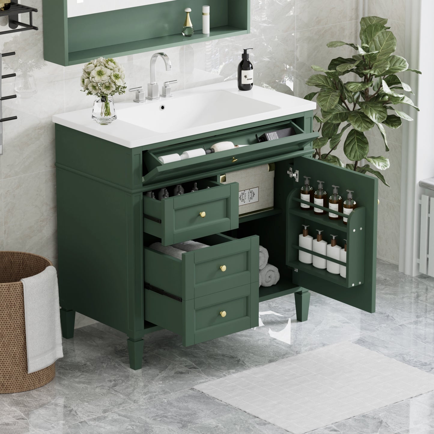 VanityFus 36-in Green Bathroom Vanity Undermount Single Sink Combo Resin Top with 1 Soft Close Door 3 Drawers Adjustable Shelves