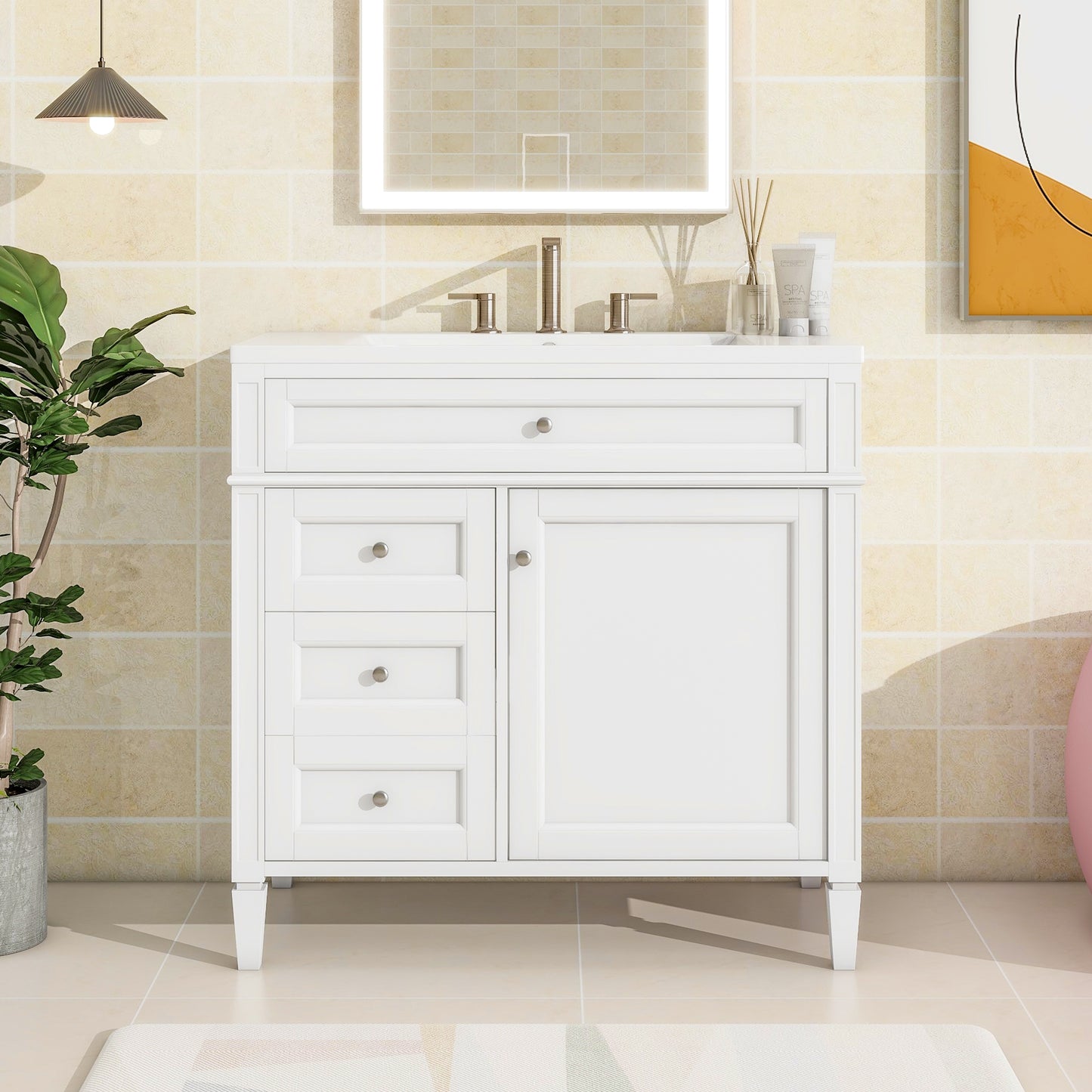VanityFus 36-in White Bathroom Vanity Single Sink Combo Resin Top Undermount with 1 Soft Close Door 3 Drawers Adjustable Shelves