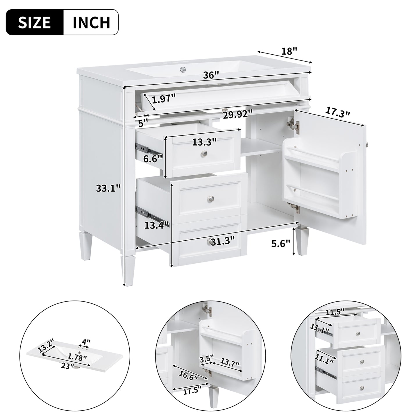 VanityFus 36-in White Bathroom Vanity Single Sink Combo Resin Top Undermount with 1 Soft Close Door 3 Drawers Adjustable Shelves