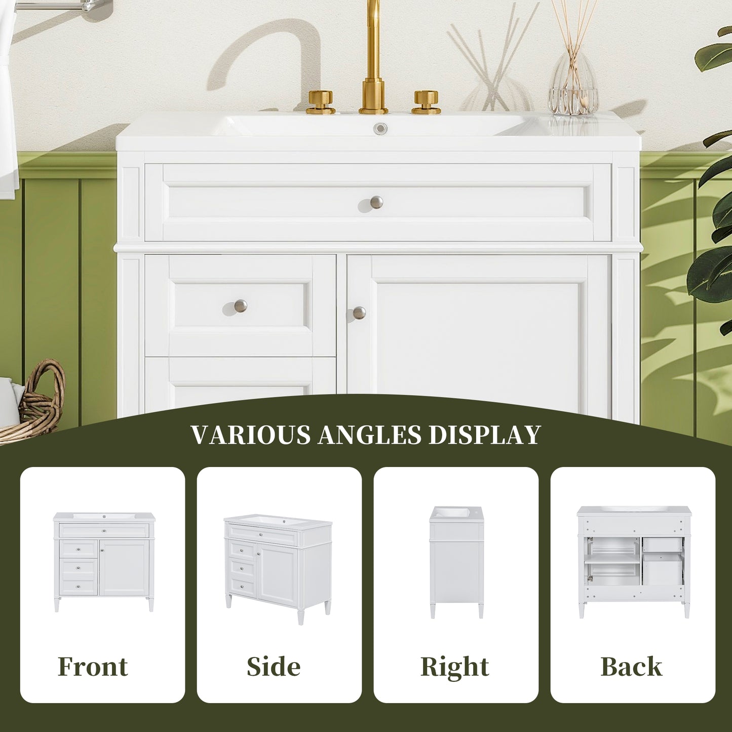 VanityFus 36-in White Bathroom Vanity Single Sink Combo Resin Top Undermount with 1 Soft Close Door 3 Drawers Adjustable Shelves