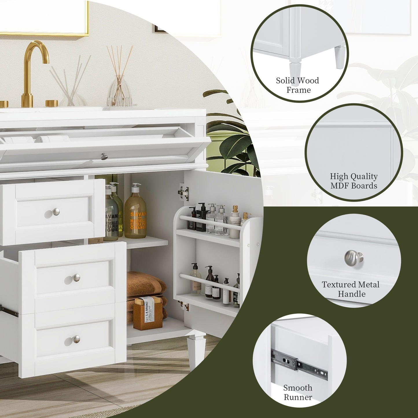 VanityFus 36-in White Bathroom Vanity Single Sink Combo Resin Top Undermount with 1 Soft Close Door 3 Drawers Adjustable Shelves