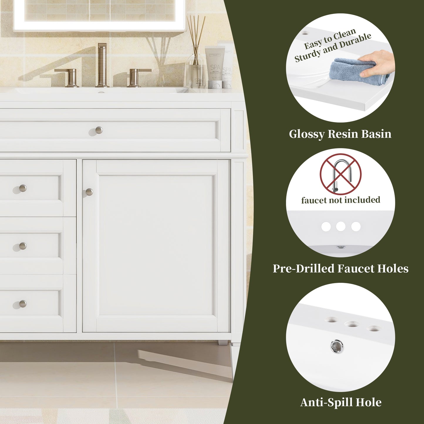 VanityFus 36-in White Bathroom Vanity Single Sink Combo Resin Top Undermount with 1 Soft Close Door 3 Drawers Adjustable Shelves