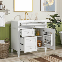 VanityFus 36-in White Bathroom Vanity Single Sink Combo Resin Top Undermount with 1 Soft Close Door 3 Drawers Adjustable Shelves