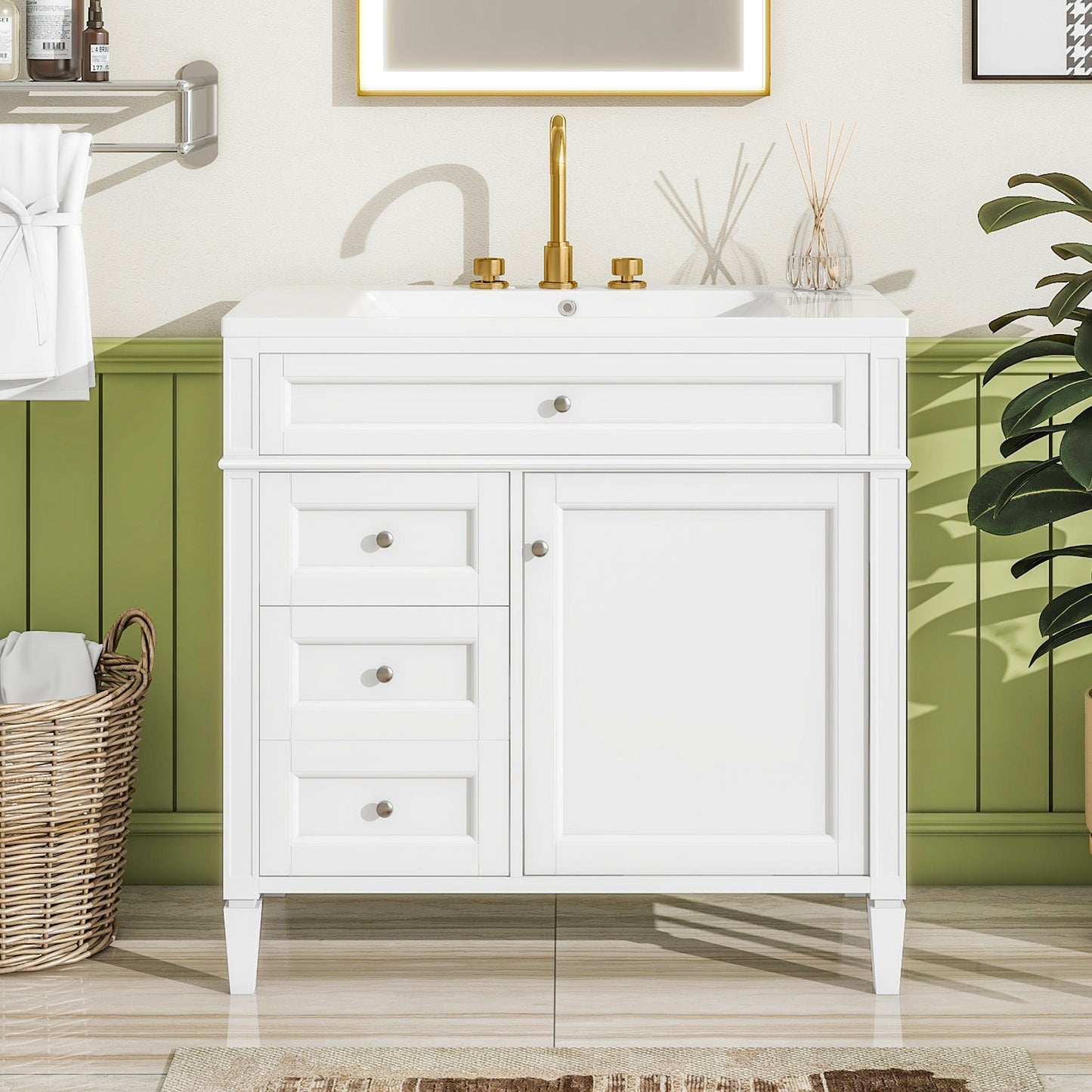 VanityFus 36-in White Bathroom Vanity Single Sink Combo Resin Top Undermount with 1 Soft Close Door 3 Drawers Adjustable Shelves